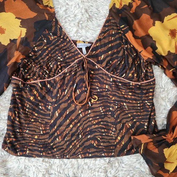 Anthropologie Conditions Apply Zeena Puff Sleeve Blouse‎ Brown Motif Women's XL - Picture 5 of 13